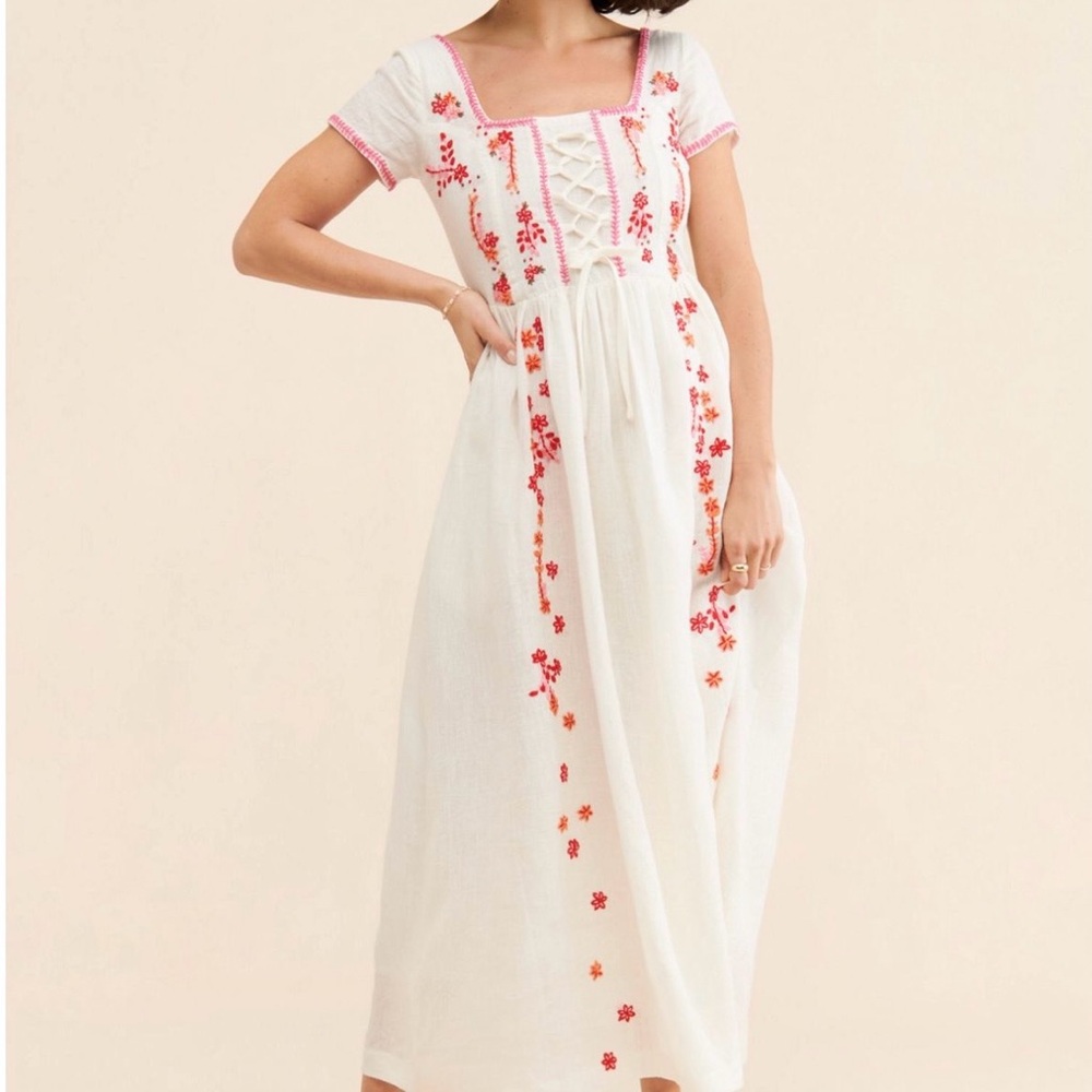 Tach Clothing Raffaella Hand Embroidered Midi Bohemian Dress XS
